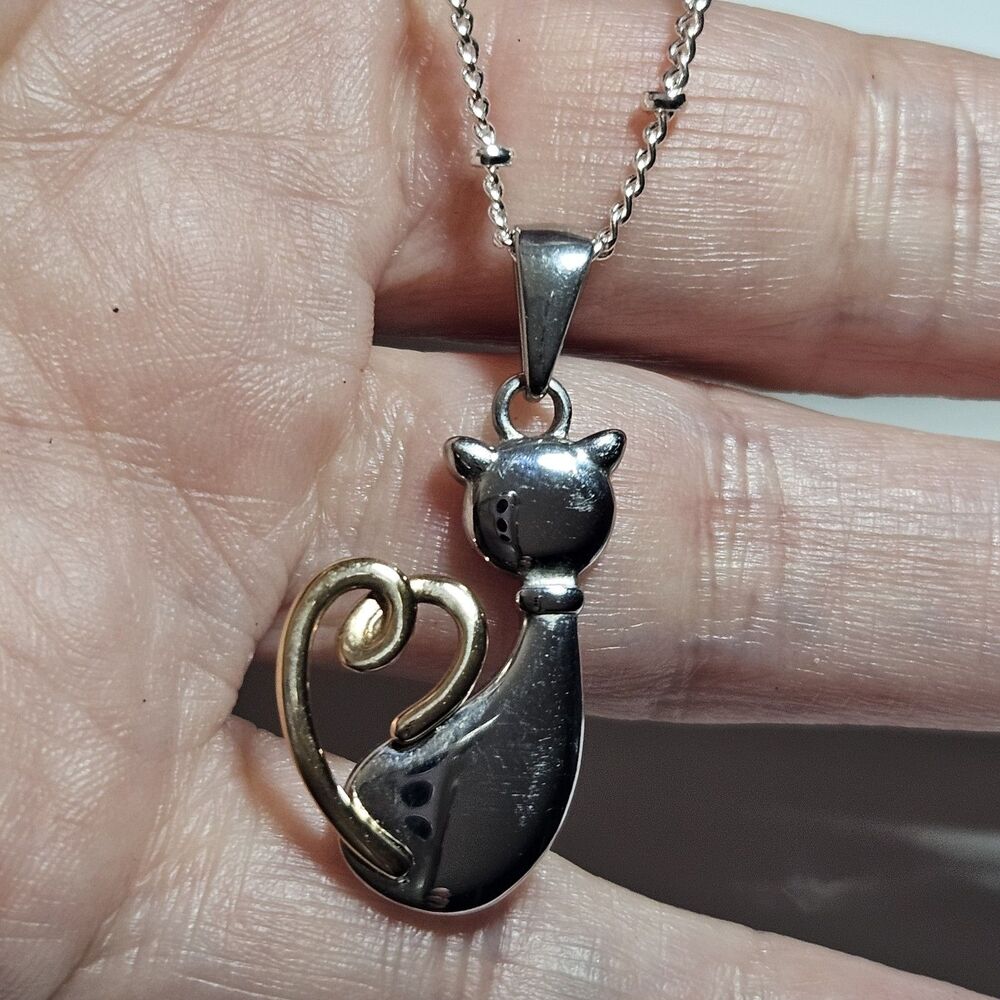 JCM Hallmark Stainless Steel Two Tone Kitty Cat Pendant Necklace 16-18"